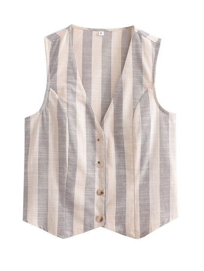 Women's Clothing Imitation Linen Striped Tank Top + Long Pants Set