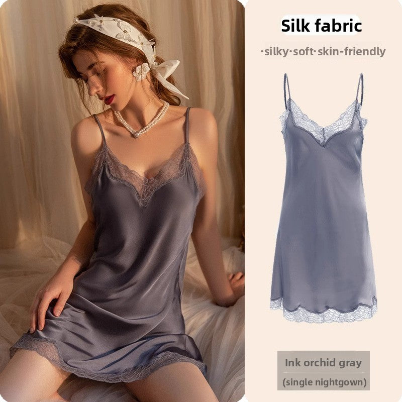 Lace Trim Ice Silk Womens Sleepwear Nightdress