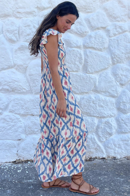 Maxi-jurk met etnische geometrische print vierkante hals hoge taille en ruches