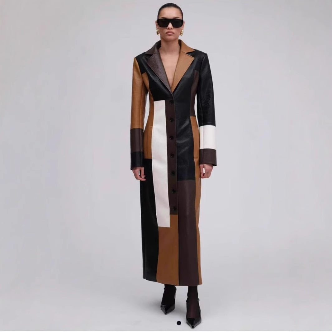 Lange PU-leren jurk met V-hals  kleurblokken voor dames geschikt voor de herfst en winter