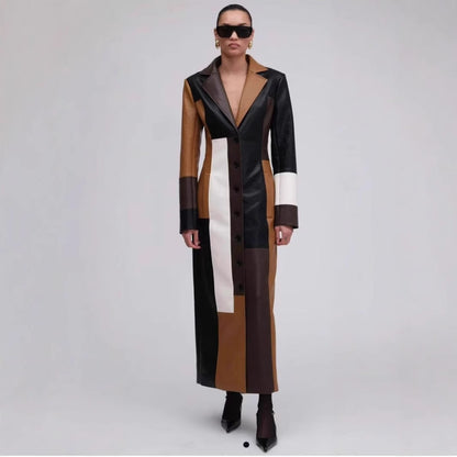 Lange PU-leren jurk met V-hals  kleurblokken voor dames geschikt voor de herfst en winter