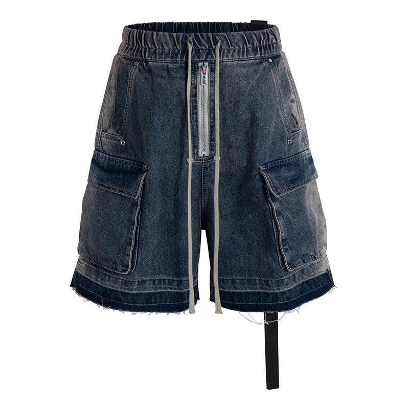 Gradient Washed Distressed Raw Hem Denim Shorts Men High Street Multi-Pocket Wide Leg Five-Panel Pants