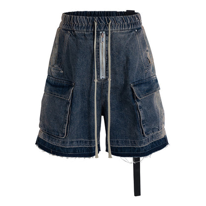 Gradient Washed Distressed Raw Hem Denim Shorts Men High Street Multi-Pocket Wide Leg Five-Panel Pants