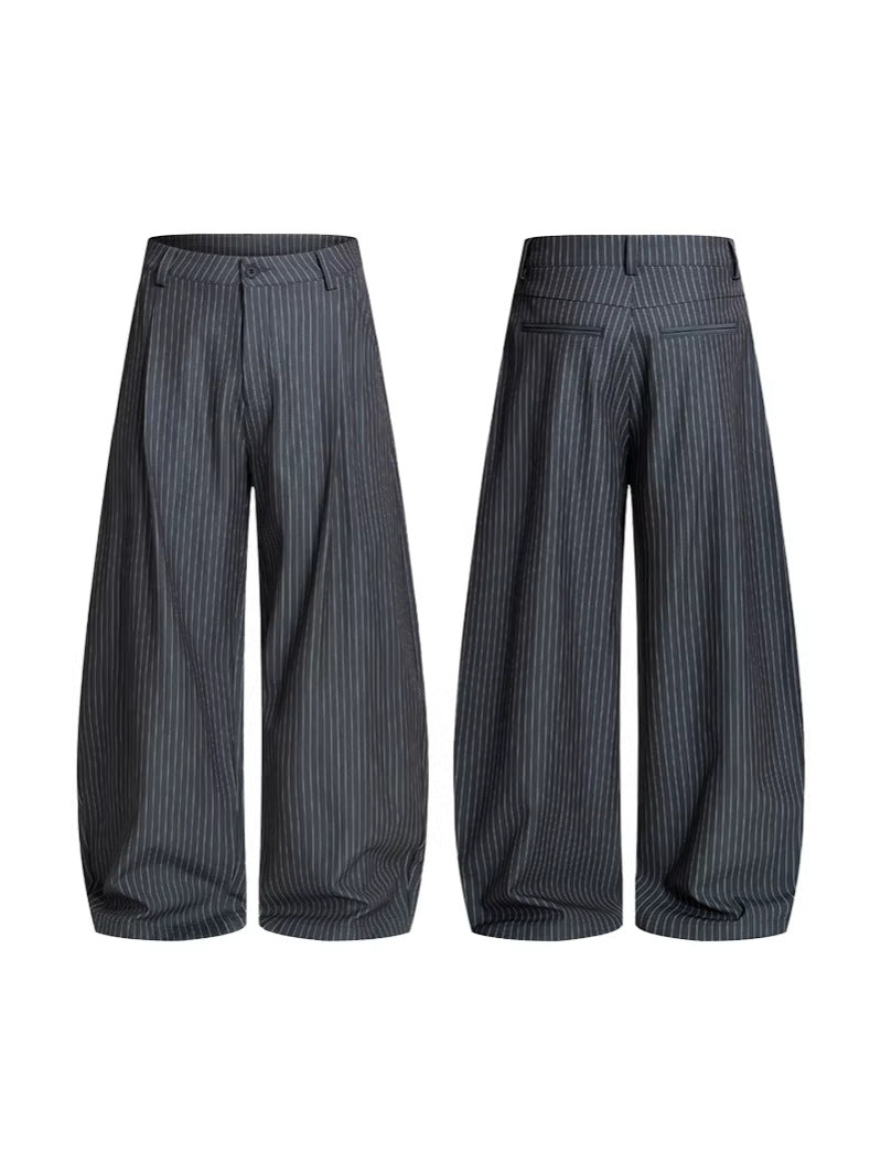 Men Women Retro Pleated Striped Baggy Wide Leg Trousers