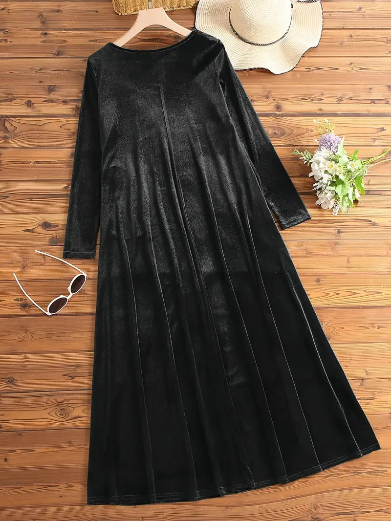 Effen velours damesjurk met lange mouwen en zakken