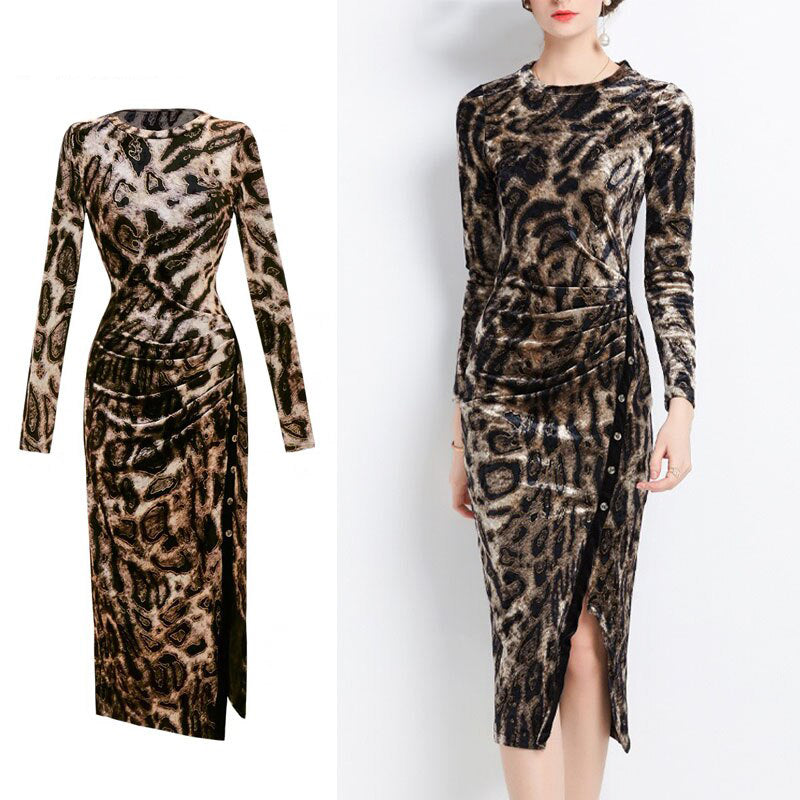Designer Slimy Pencil Midi Dress Split Bodycon Leopard