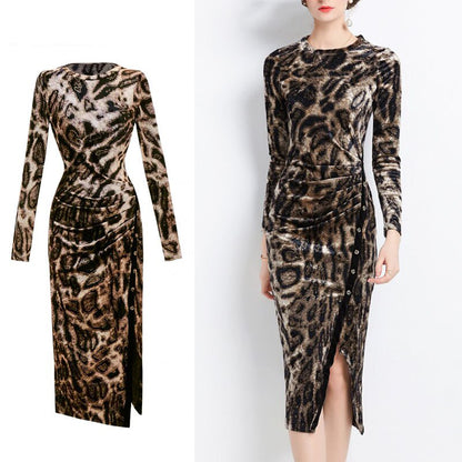 Designer Slimy Pencil Midi Dress Split Bodycon Leopard