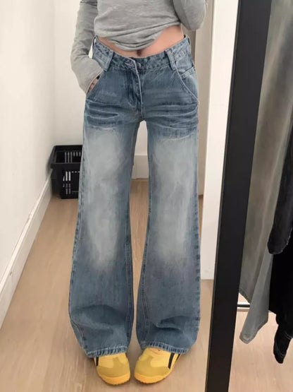 American Retro Light Blue Flared Jeans for Women High Waist Slimming Wide Leg Pants