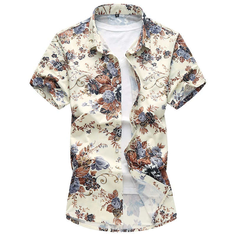 High quality silk cotton men's shirt summer fashion printed casual shirt short sleeve slim business men's shirt  size M-7XL