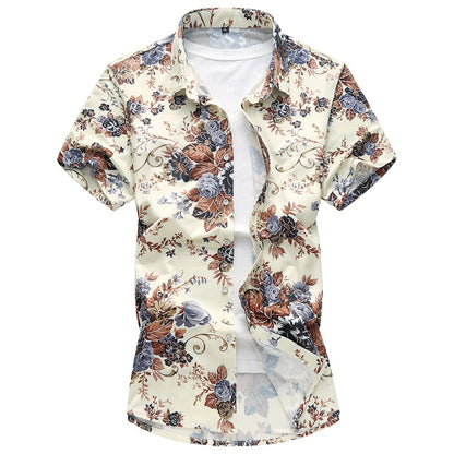 High quality silk cotton men's shirt summer fashion printed casual shirt short sleeve slim business men's shirt  size M-7XL