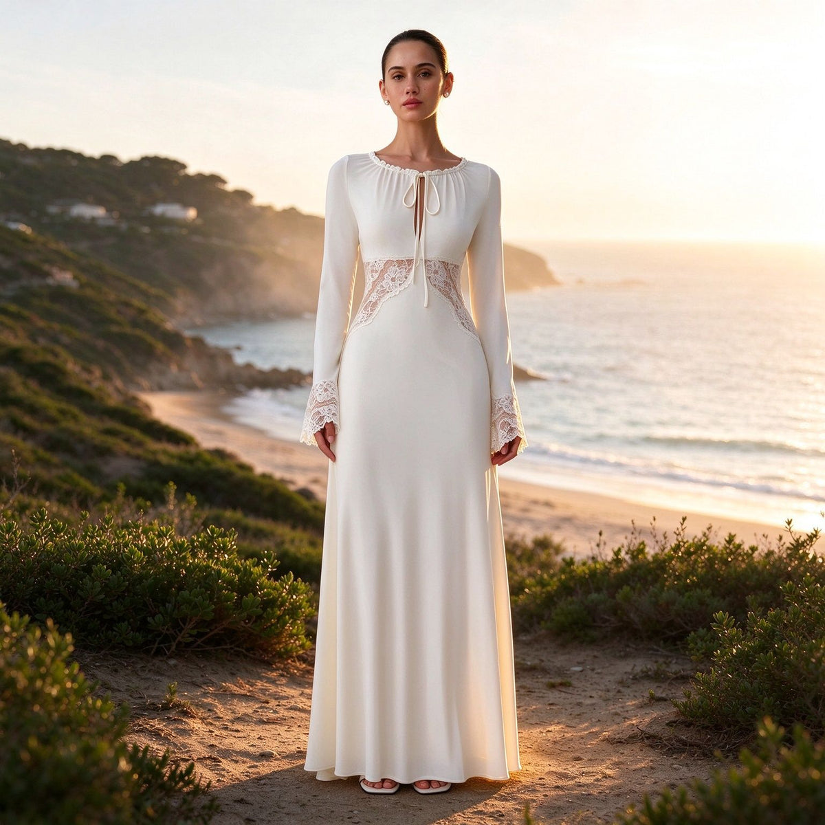 Women's Elegant Lace Patchwork Long Sleeve High-Waist Dress