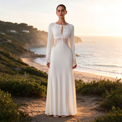 Women's Elegant Lace Patchwork Long Sleeve High-Waist Dress