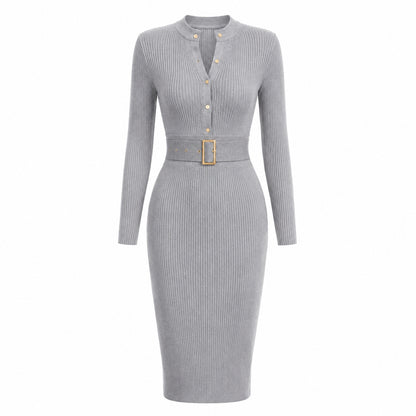 Elegant Bodycon Knitted Ribbed Midi Dress with Belt