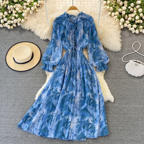 Autumn Women Printed Long Dress Vintage Ruffle Stand Collar Puff Sleeve High Waist Elegant Maxi Robe Female Big Swing Dress