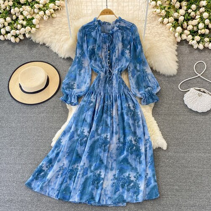 Autumn Women Printed Long Dress Vintage Ruffle Stand Collar Puff Sleeve High Waist Elegant Maxi Robe Female Big Swing Dress