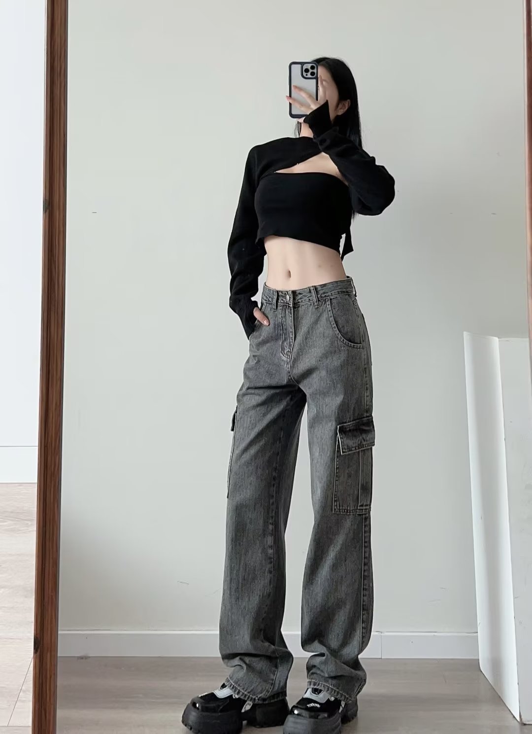 Dames cargo jeans met grote zakken recht model