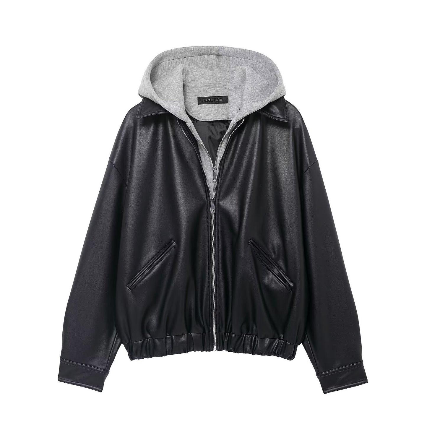 Dames faux lederen jack met contrasterende capuchon