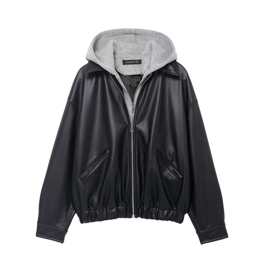 Dames faux lederen jack met contrasterende capuchon