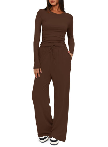Casual Solid Color Long Sleeve Top & High-Waisted Wide Leg Pants Set Sportswear