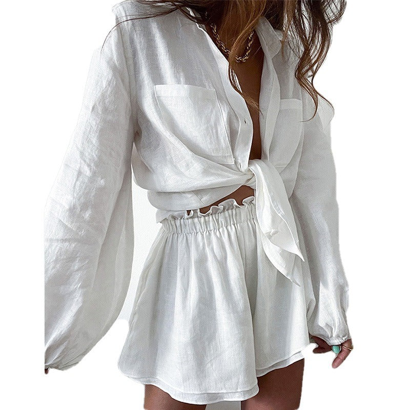 European and American casual summer solid color lace-up suit tops and shorts two-piece set