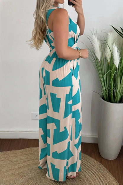 Printed Surplice Sleeveless Tie Waist Jumpsuit