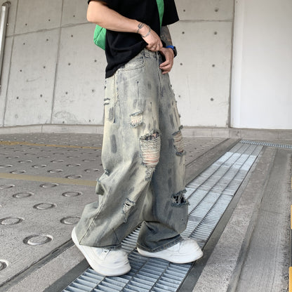 Men's Ripped Wide-Leg Denim Pants