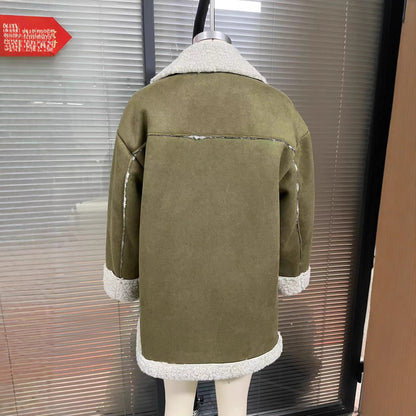 Simulated suede fabric symmetrical large pocket simple coat