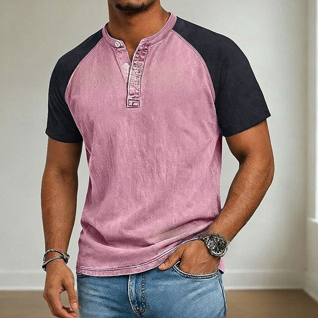 Men's Vintage Washed Henry Collar Short Sleeve Shirt
