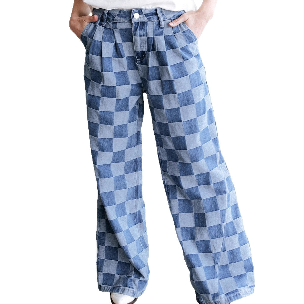 Checkerboard Print High Waist Wide Leg Denim Pants