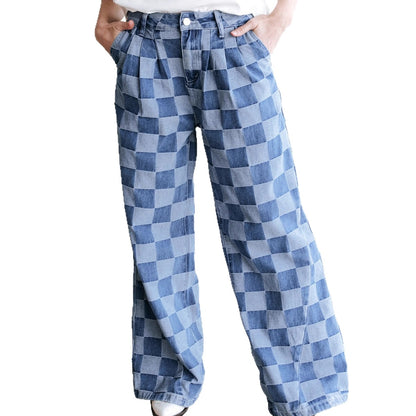 Checkerboard Print High Waist Wide Leg Denim Pants