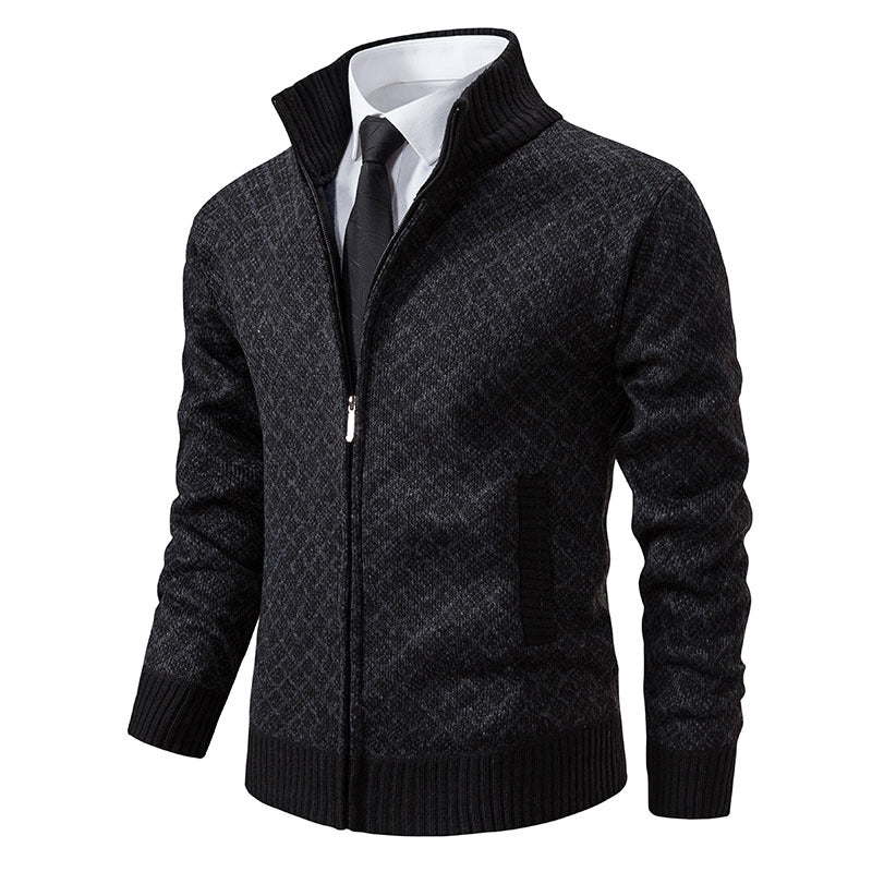 Autumn and Winter Velvet Thickeneded Casual Cardigan Sweater Men's Stand-Up Collar Outer Hooded Zipper Knitted Sweater Jacket