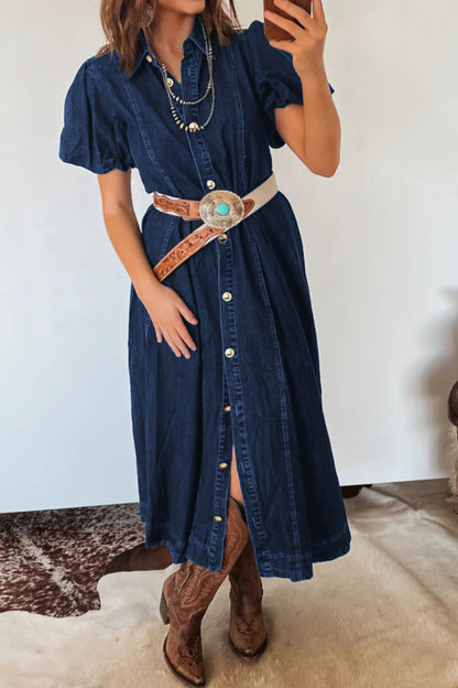 Jurk van denim met kraag lange mouwen knoopsluiting ceintuur korte mouwen en pofmouwen