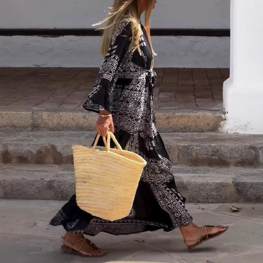 Bohemian etnische printjurk met ceintuur knopen en V-hals