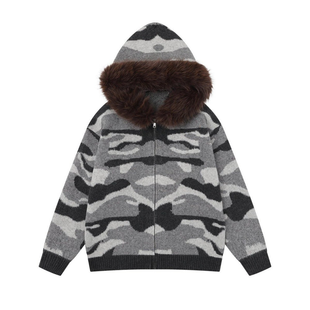 Camouflageprint gebreide vest met capuchon en kraag van imitatiebont