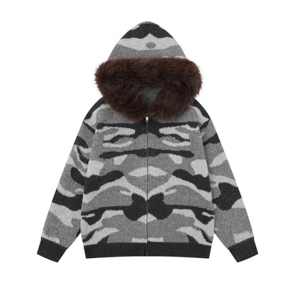 Camouflageprint gebreide vest met capuchon en kraag van imitatiebont