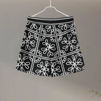Fashion Casual Print Color-block Cotton Coat  Shorts Set