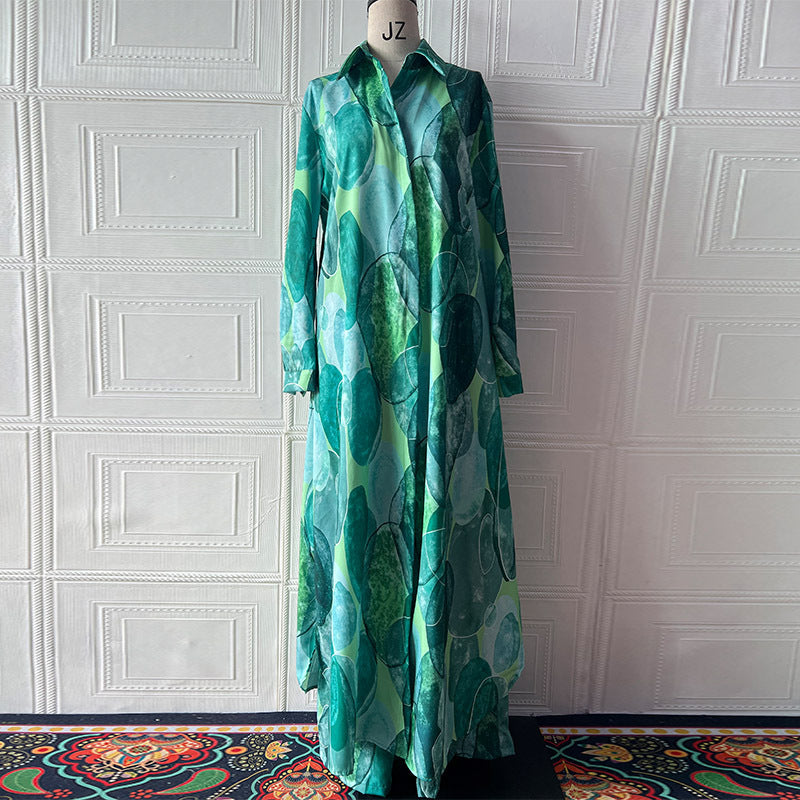 Tweedelige elegante set: lange overhemd met print + wijde broek