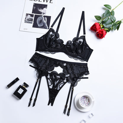 Lace mesh embroidery sexy lingerie gathering suspender three piece set