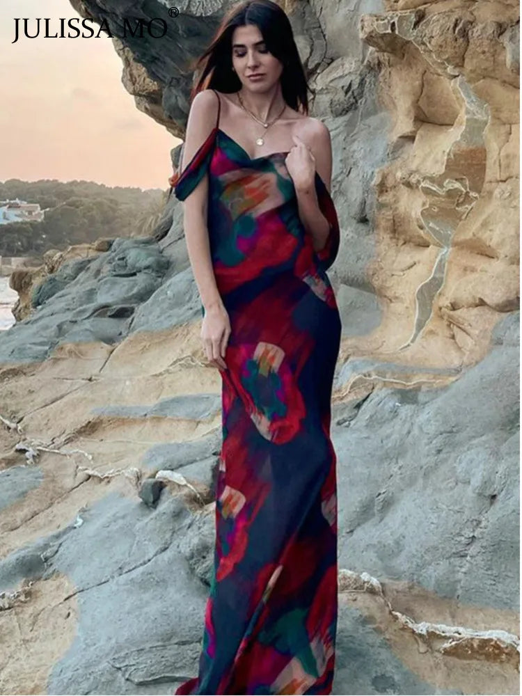 Women Summer Elegant Print Slip Mesh See Through Maxi Dress Beach Holiday Sleeveless Party Dresses Vestidos