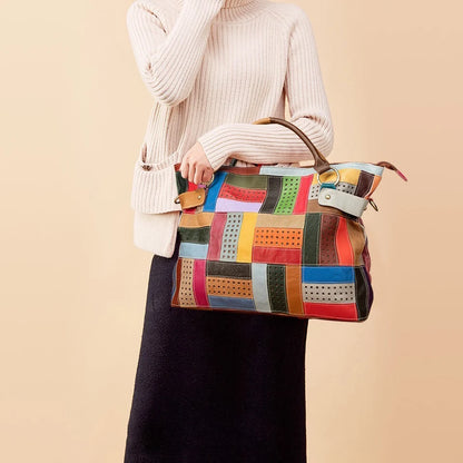 Grote handtas van rundleer met geometrisch print