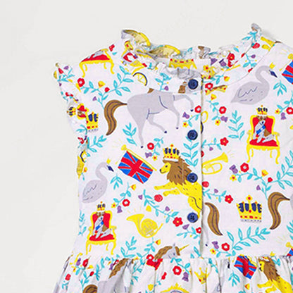 Mouwloze katoenen kinderjurk met print ruches strik en knopen