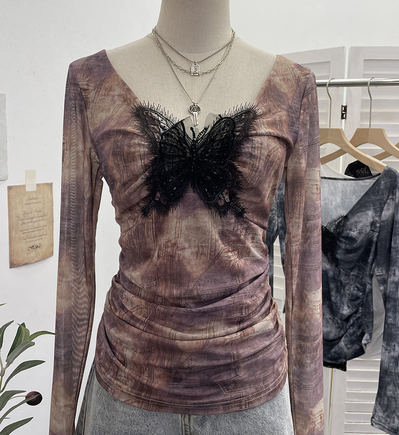 Lace butterfly V-neck top