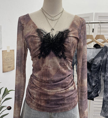 Lace butterfly V-neck top
