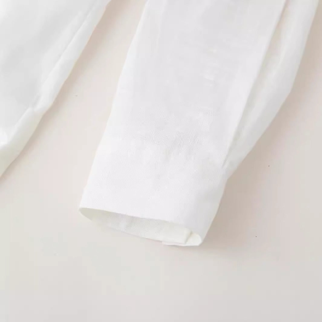 European and American summer new fashionable collar long sleeved cotton linen single breasted white shirt top for women