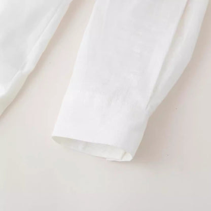 European and American summer new fashionable collar long sleeved cotton linen single breasted white shirt top for women