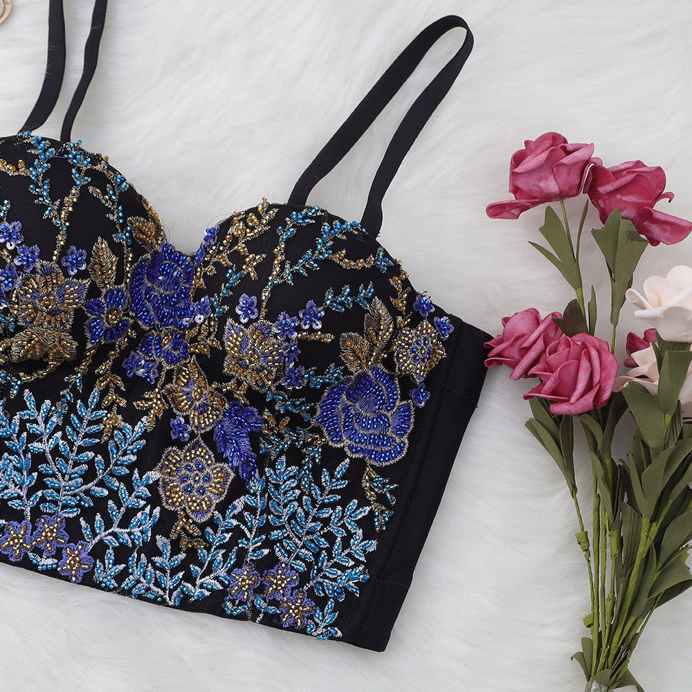 Sexy Spaghetti Strap Bustier with Color Block Embroidery and Boning for Women