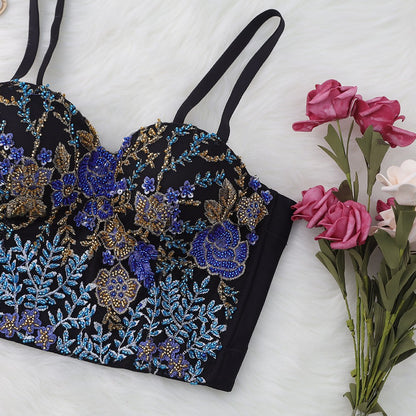 Sexy Spaghetti Strap Bustier with Color Block Embroidery and Boning for Women