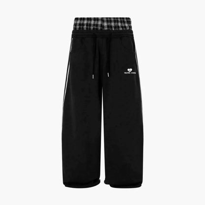 Y2K retro street double waistband plaid spliced hoodie pants casual loose straight-leg pants sport pants ins