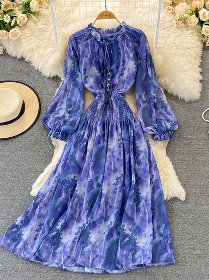 Autumn Women Printed Long Dress Vintage Ruffle Stand Collar Puff Sleeve High Waist Elegant Maxi Robe Female Big Swing Dress