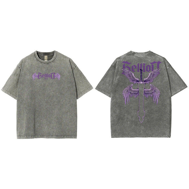 Summer New Anime Print T-Shirt Summer Cotton Washed Vintage Short Sleeve Top Trendy